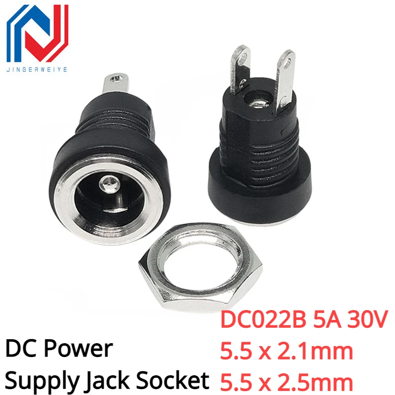 

DC022B 5A 30V For DC Power Supply Jack Socket Female Panel Mount Connector 5.5mm x 2.1mm Plug Adapter 2 Terminal Types 5.5x2.5mm