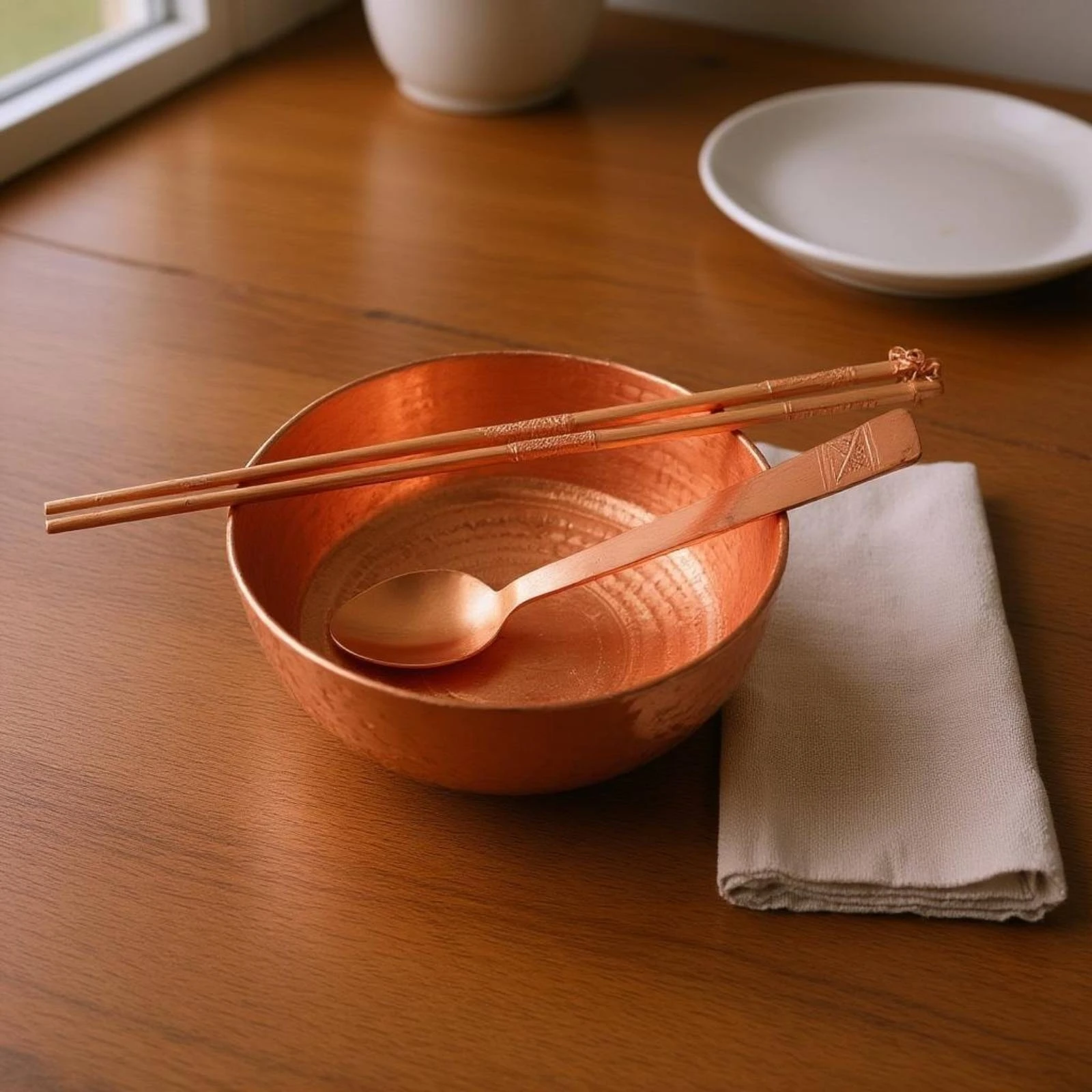 

Copper Chopsticks and Spoon Set Handmade Copper Bowl Set Tableware Textured Kitchenware Long Handle