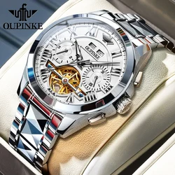 OUPINKE Top Watch Brand Men's Watches Luxury Tungsten Steel Strip Automatic Mechanical Male Watch Year Month Original Waterproof