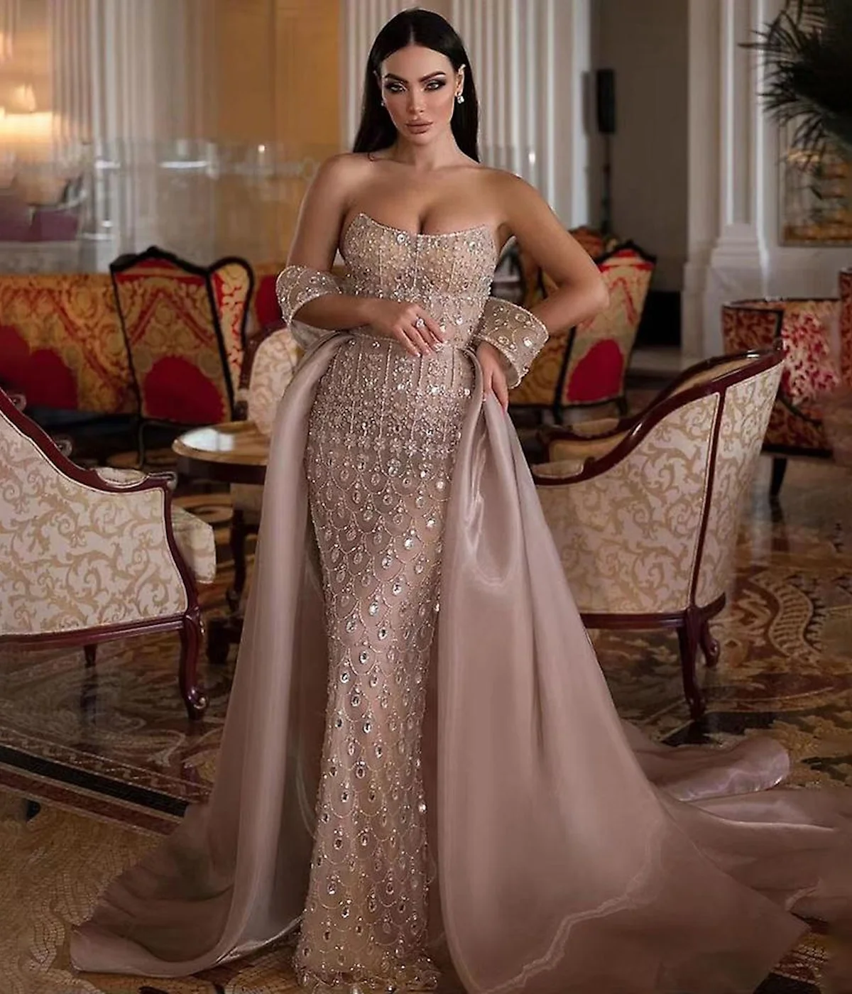 

Linyang Champagne Off Shoulder Arabic Evening Dress Beaded Mermaid Elegant Dubai Women Wedding Party Gowns with Overskirt