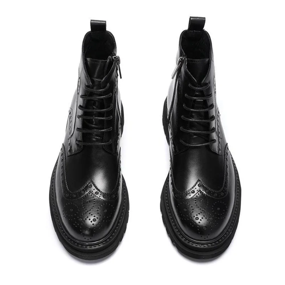 Genuine Full Leather Mens Brogue Carved Ankle Boots Thick Sole Casual Versatile Fashion Short Boots