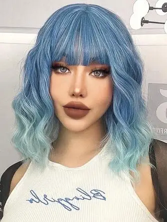 

Blue Short Bob Synthetic Wigs For Women With Bangs Body Wave Cosplay Lolita Wig White Natural Heat Resistant Hair