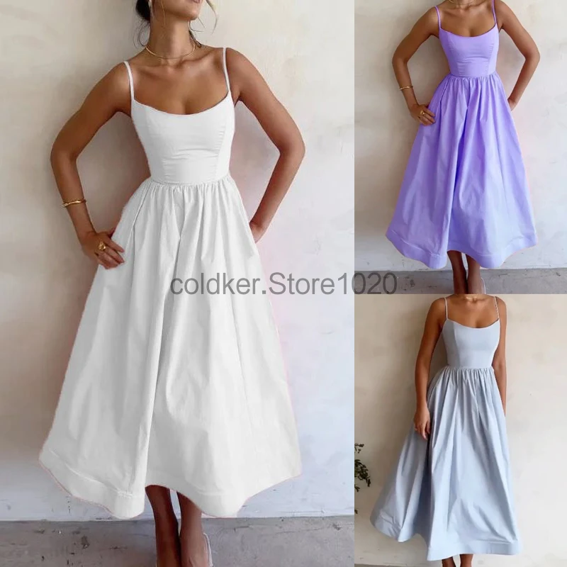 

New Women Fashion Pleated Strap Dress 2024 Elegant Solid Sleeveless Midi Dresses Summer Casual Female Robe Vestidos Holiday