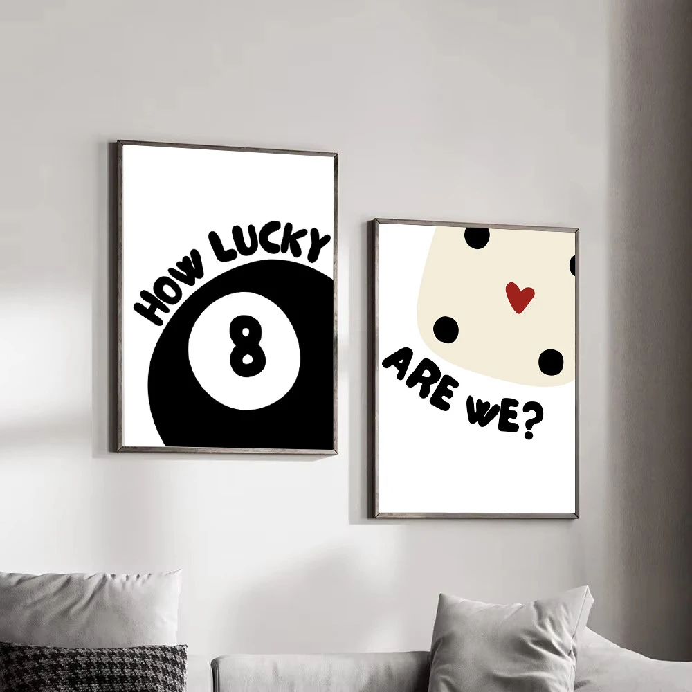 

How Lucky Black And White No.8 Ball Poster Creative Art Prints Dice Canvas Painting Billiards Wall Art Picture Club Decoration