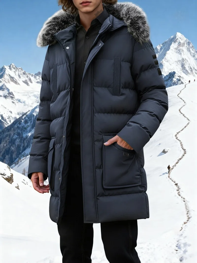 

Мужская зимняя куртка Стеганая куртка средней длины со съемным капюшоном из искусственного меха - утолщенное утепленное пальто, застежка-молния