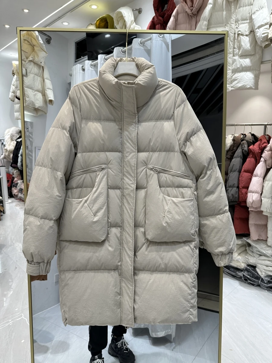 

Новый зимний женский пуховик, свободный пуховик для поездок на работу, ветрозащитный воротник-стойка, прямые парки, пуховик