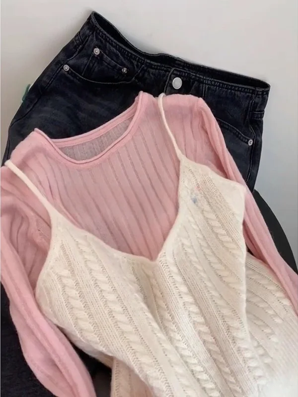 Koreański sweter z dzianiny, okrągły dekolt, damski, jesienny, delikatny, wyszczuplający, długi top, kamizelka, zestaw dwuczęściowy.