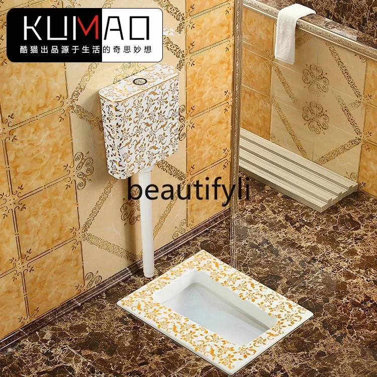 Gold squatting toilet flushing tank set ceramic European style anti-blocking and deodorant concealed squatting pit2936