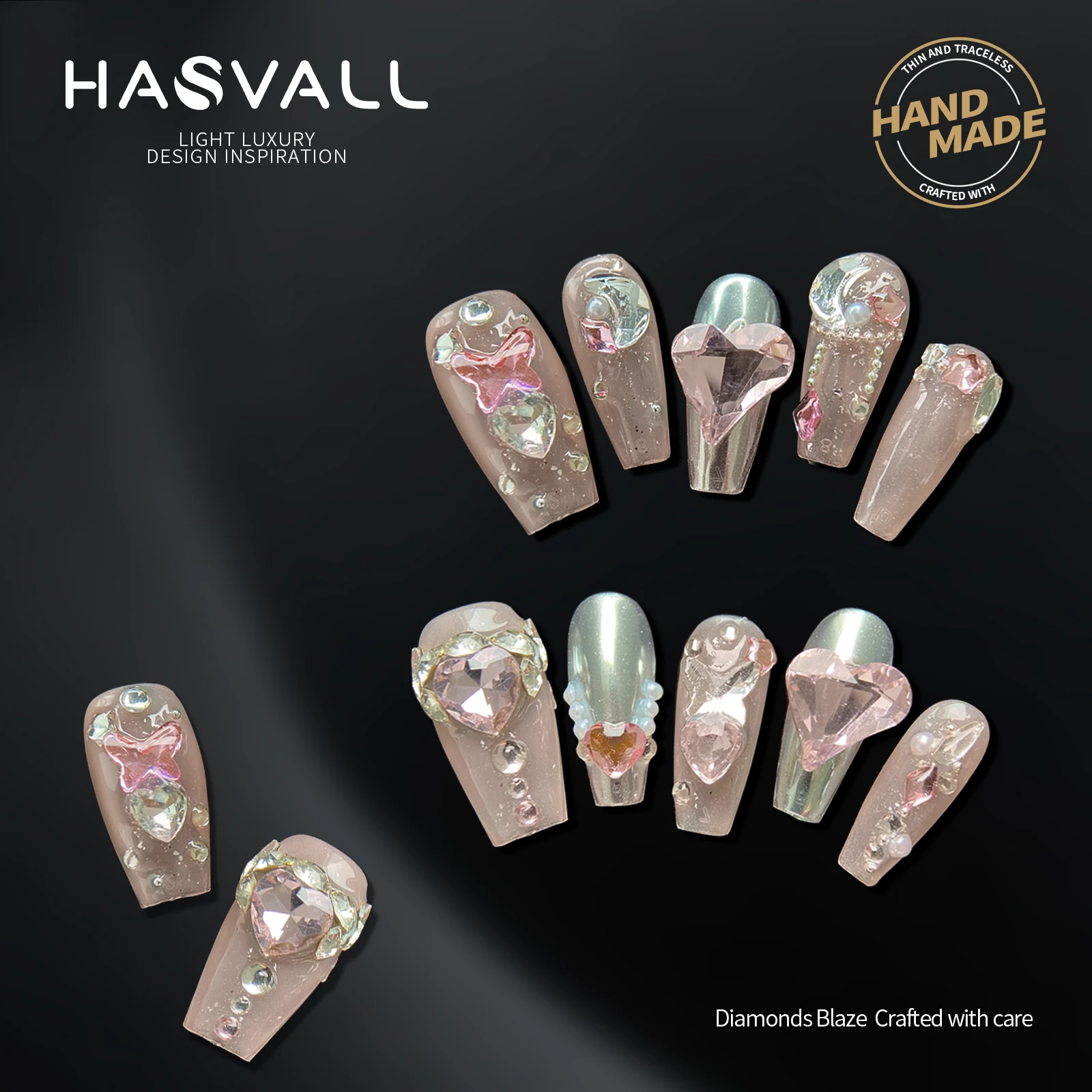 

HASVALL Handmade Press-on Medium Coffin Ballerina Pink Silver Heart Rhinestone Glossy Acrylic False Nails for Women and Girls