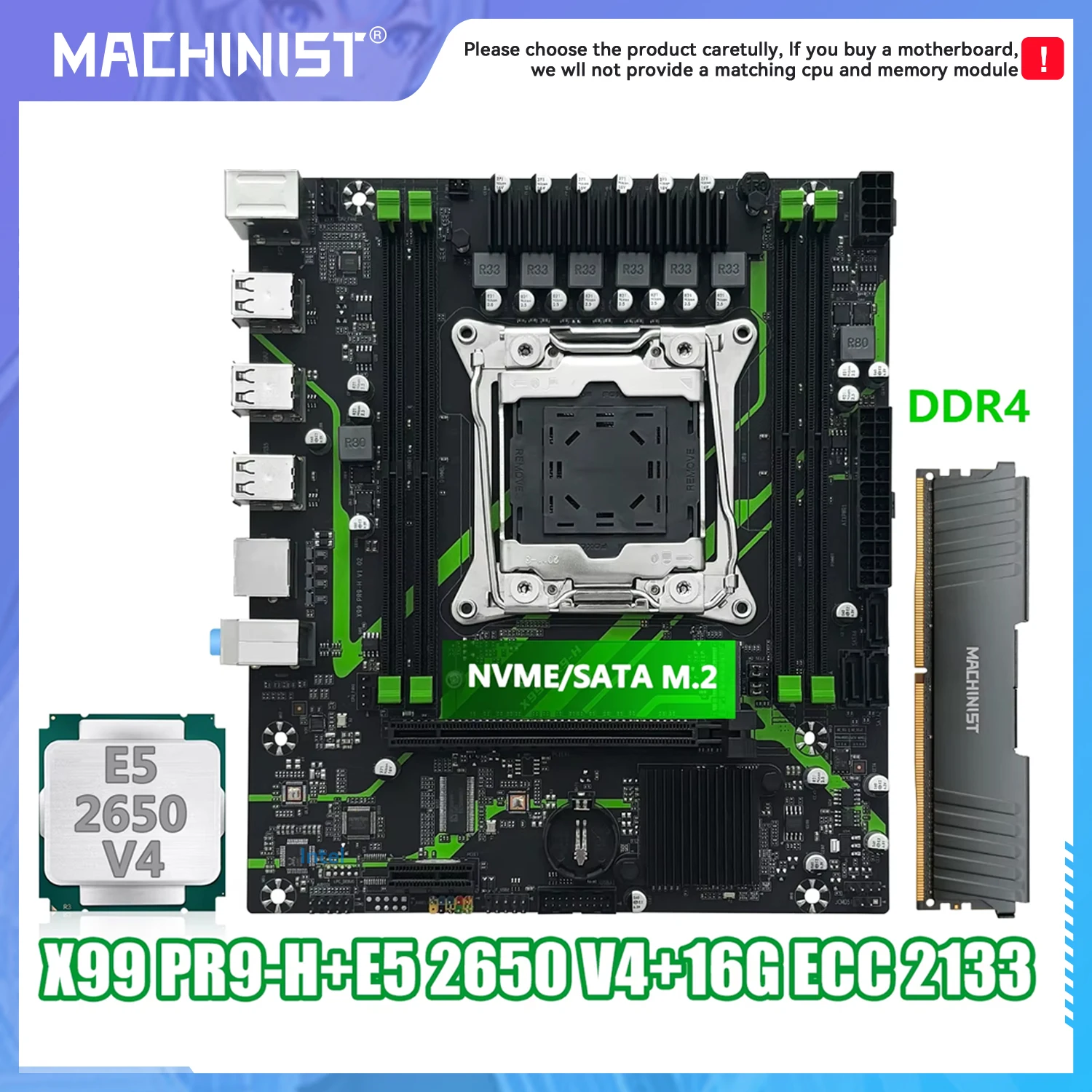 مجموعة اللوحة الأم MACHINIST X99 PR9-H LGA 2011-3 Kit معالج وحدة المعالجة المركزية Xeon E5 2650 V4 مع ذاكرة الوصول العشوائي 16GB DDR4 ECC SATA3.0 NVME M.2