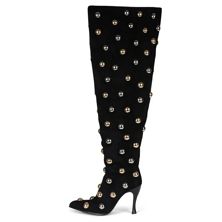 Pointed Toe Dome Studded Thigh High Boots In Black Stiletto Heels Fashion Women Autumn Cool Girl Gladiator Over The Knee Boots