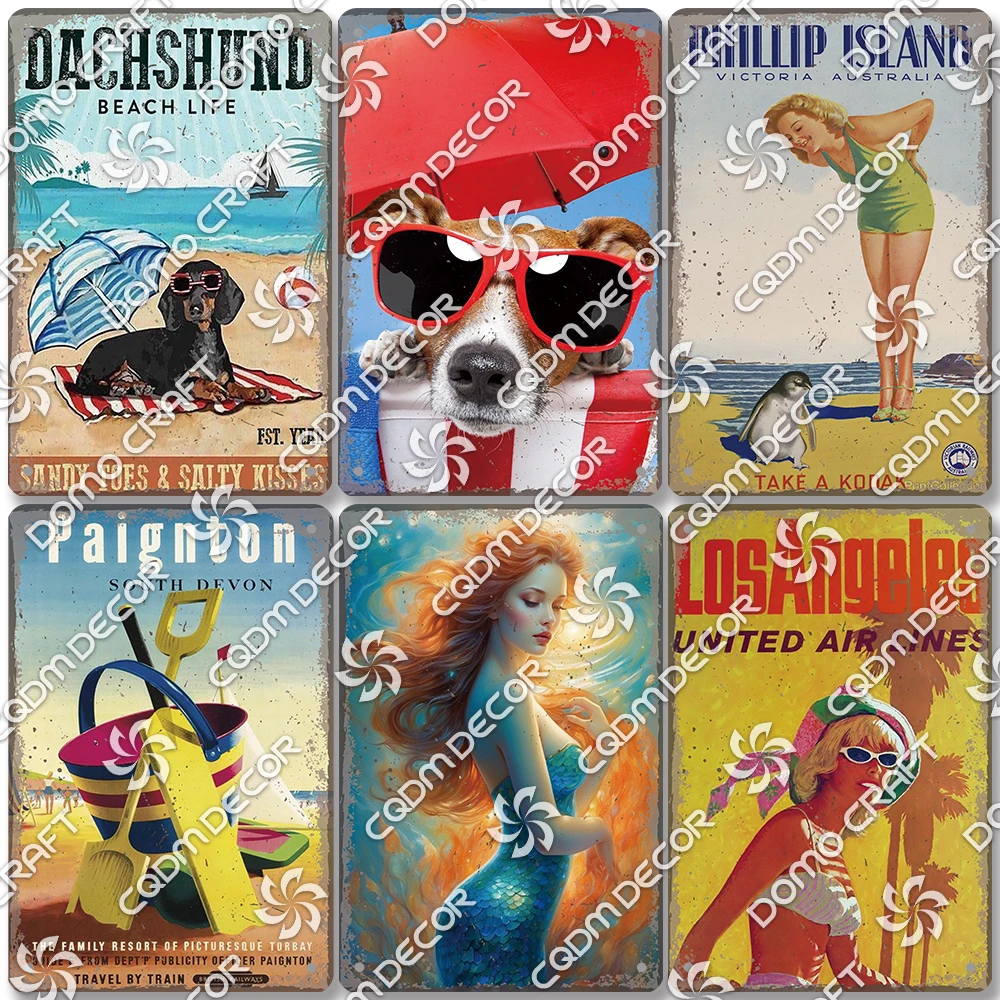 

Mermaid Dachshund Poster Metal Tin Sign Cool Dogs Beach Vacation Metal Poster Wall Art Decor for Surfing Club Bar Pub Home