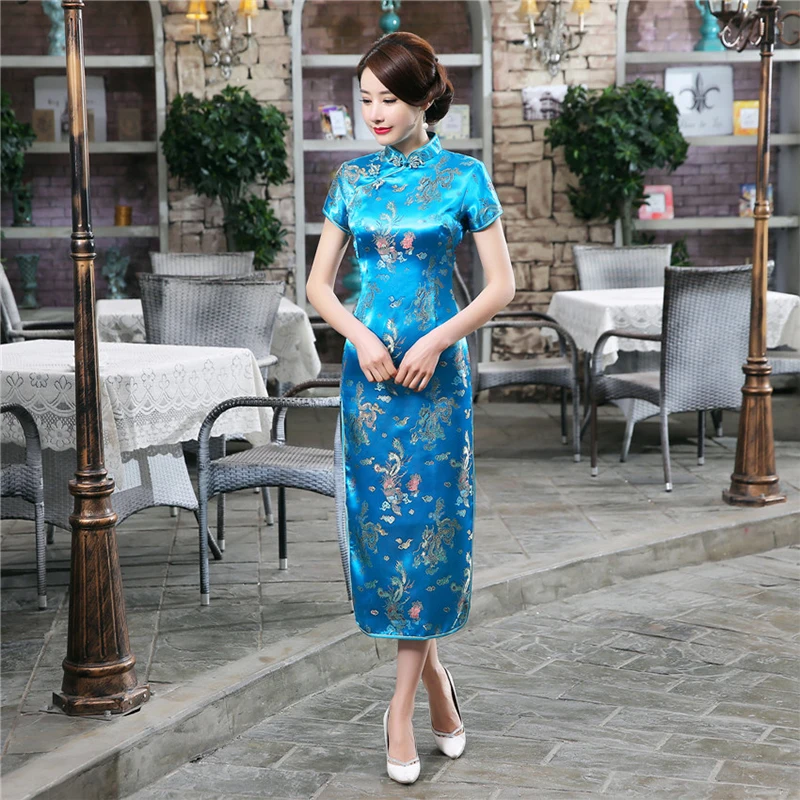 Chinese Classic Costume Elegant Brocade Satin Long Fork Cheongsam  Women's Qipao Short Sleeve Sexy Wedding Evening Party Dress