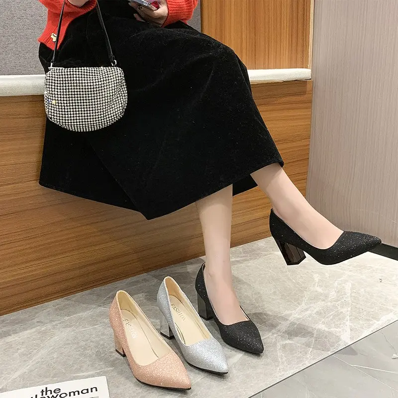 Women New Bling Pumps 7.5cm Square heel Sequined Leather Slip On Mary Janes Pointed Toe High Heel Lady Footwear Plus Size 45 46