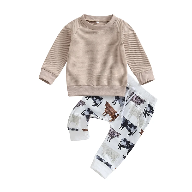 

Toddler Baby Girls Boys Tracksuit Outfits Solid Long Sleeve Kid Pullovers With Cattle Print Pants 2Pcs Autumn Clothes Set