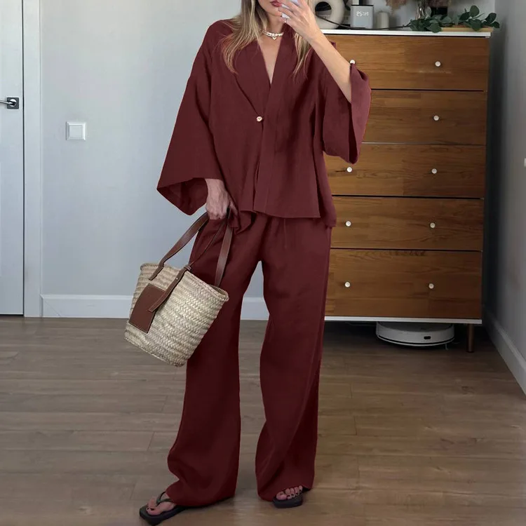2026 Summer Lady Casual Streetwear Brown Cotton Linen Suit For Women Chic Full Sleeves V-neck Lace-up Cardigan Loose Pants Set