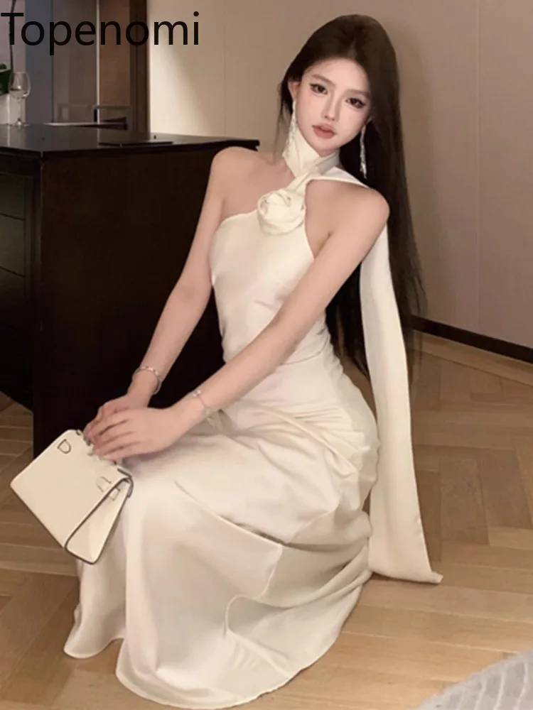 Topenomi Elegant Halter Ribbon Strapless Satin Long Dresses Women French Sexy Backless Waist Slim Fishtail Evening Party Robes