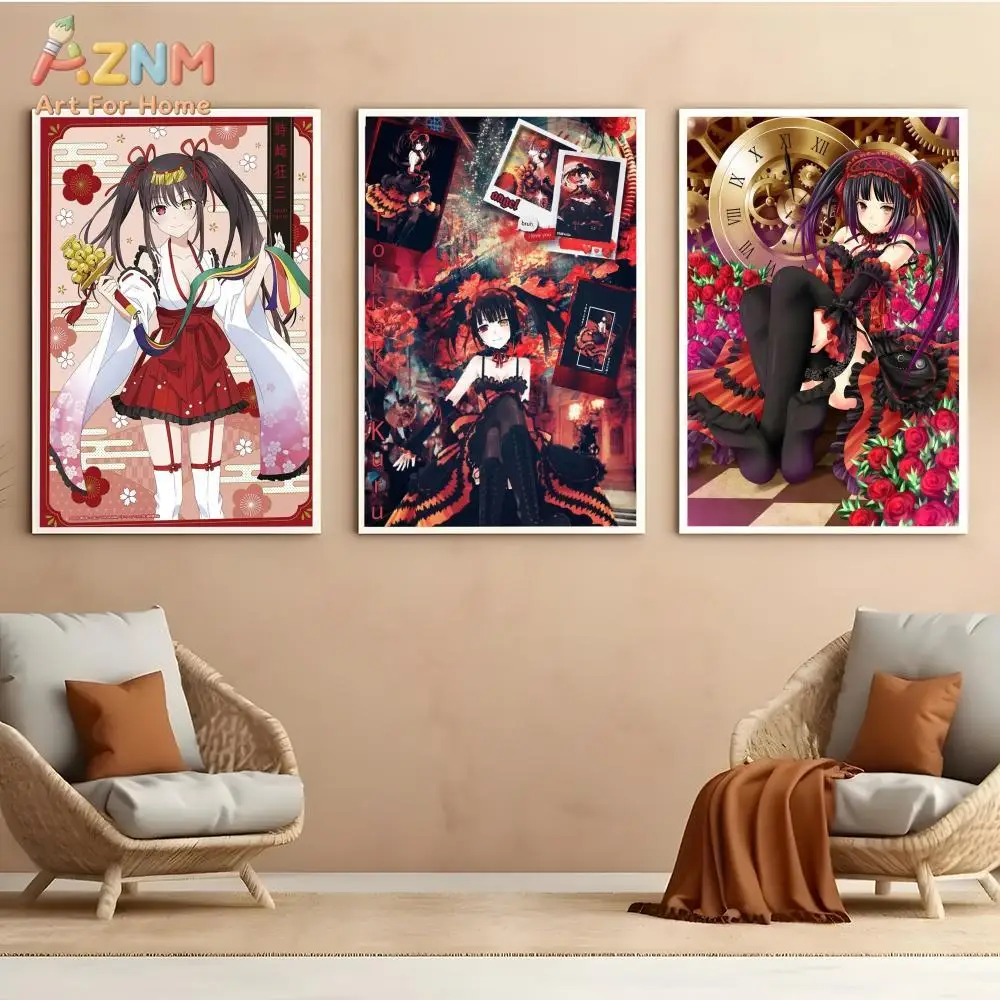 AZNM Date A Live Kurumi Tokisaki Frameless Canvas Wall Art - Japanese Anime Miko Outfit Version Character Poster with Red Floral