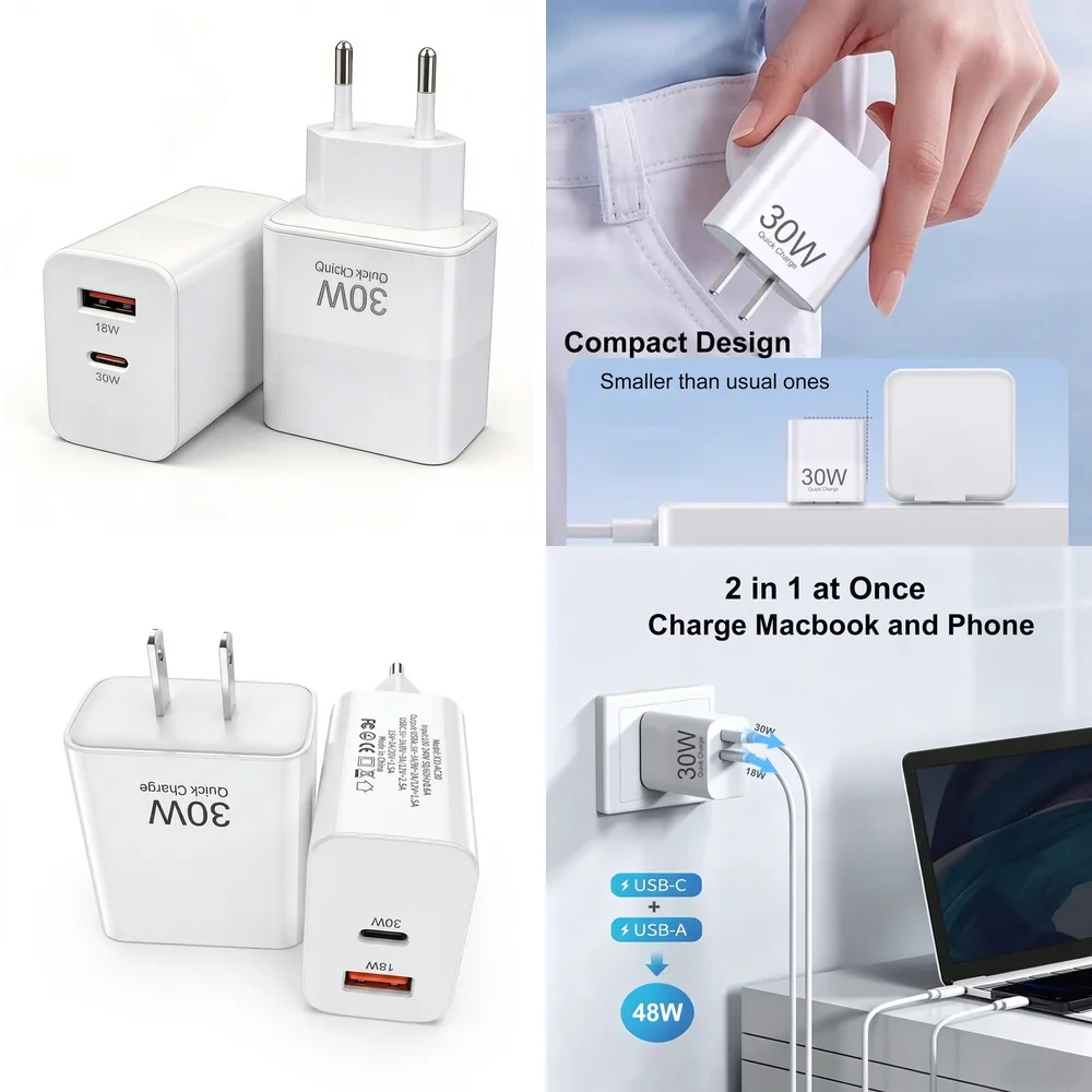Compact 30W Quick Charge 3.0 US EU Plug Dual Port Charging Block for iPhone 17 16 15 Pro Max Samsung S26 S25 S24 S23 Ultra iPad