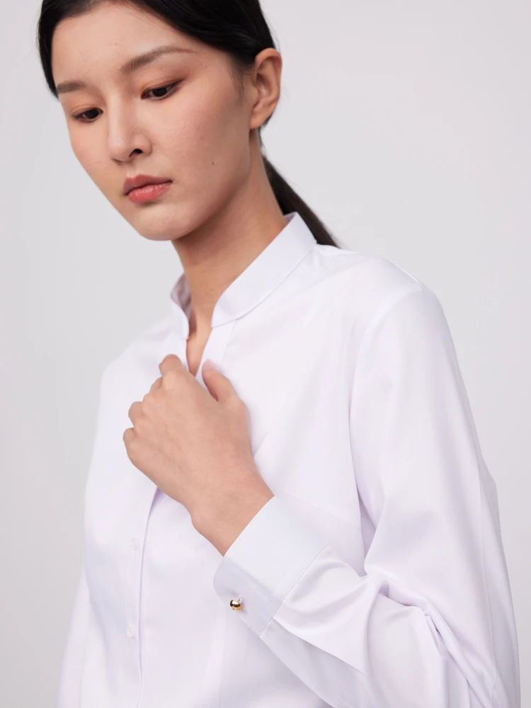 Women\'s Office Lady Stand Collar Slim-fit Dress Shirts Without Pocket Bamboo Fiber Long Sleeve Versatile Female Blouses Shirts