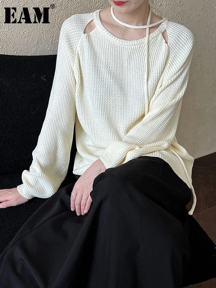 [EAM] Beige Hollow Out Big Size Knitting Sweater Round Neck Long Sleeve Women Pullovers New Fashion Spring Autumn 2024 1DH6778