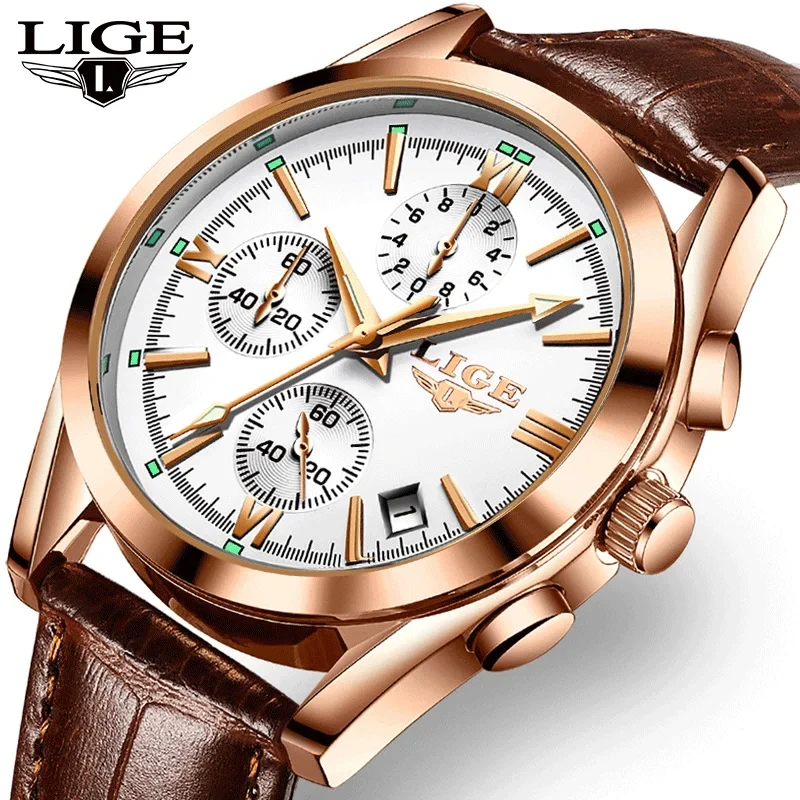 

LIGE мужские часы лучший бренд класса люкс водостойкие светящиеся спортивные мужские наручные часы кварцевые военные часы из натуральной кожи с хронографом + коробка