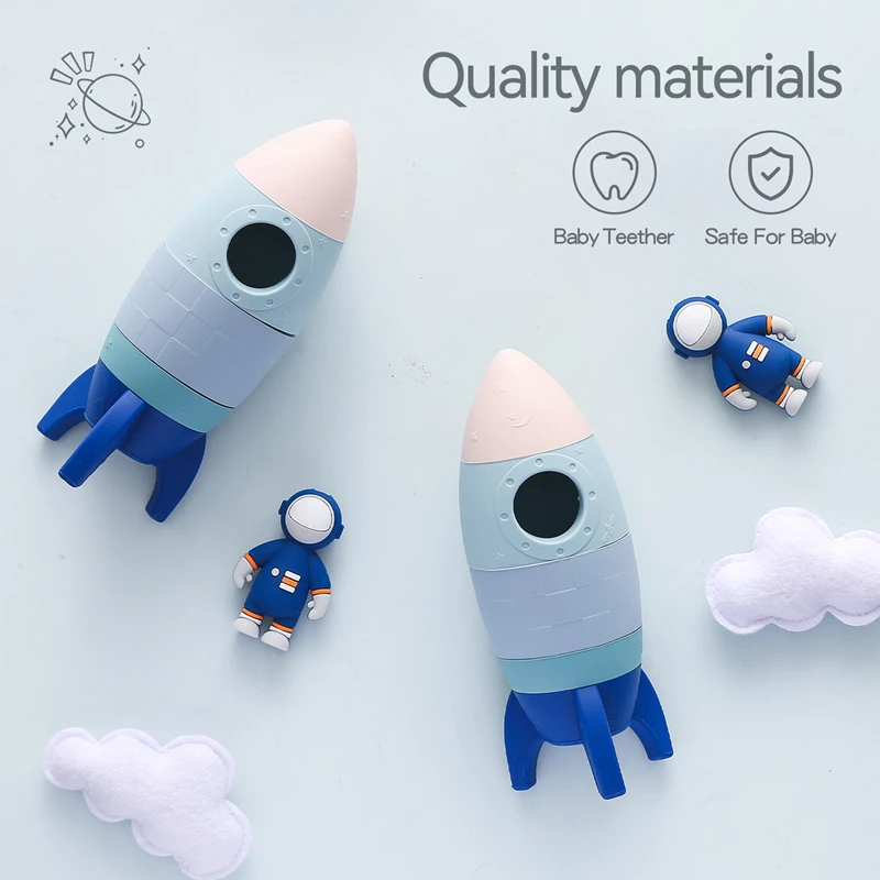 Jouet de fusée en silicone pour enfants, blocs de construction Montessori, jeu de puzzle empilable, jouet TeWindsor de dessin animé pour bébé, cadeau d'accessoires pour bébé