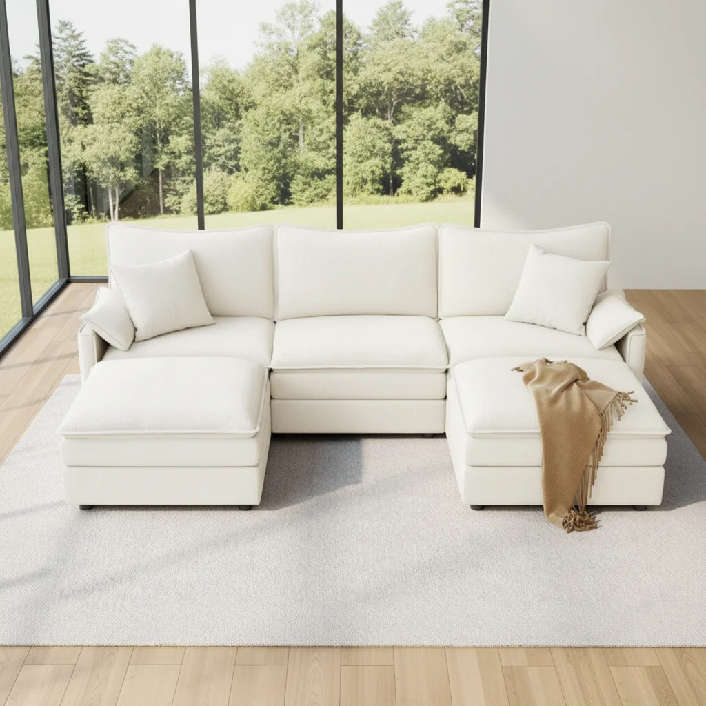 

#Cream Fabric L Shaped Modular Sectional Sofa Double Chaise Lounge Oversized Deep Seat Plush Cushions for Modern Living Room