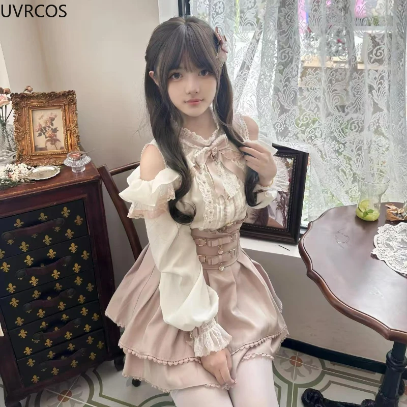 2025 اليابانية Kawaii تنورة قصيرة مجموعات الحلو الكشكشة قبالة الكتف القوس قميص ثوب Faldas Y2k التنانير الصغيرة الجمالية لوليتا مجموعة كاملة #6