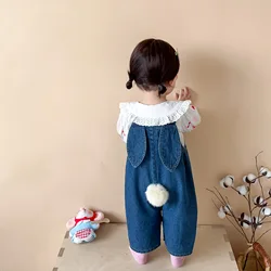 2024 Autumn New Baby Girl Sleeveless Denim Jumpsuit Toddler Girl Cute Rabbit Ear Overalls Infant Romper Kids Clothes 0-24M