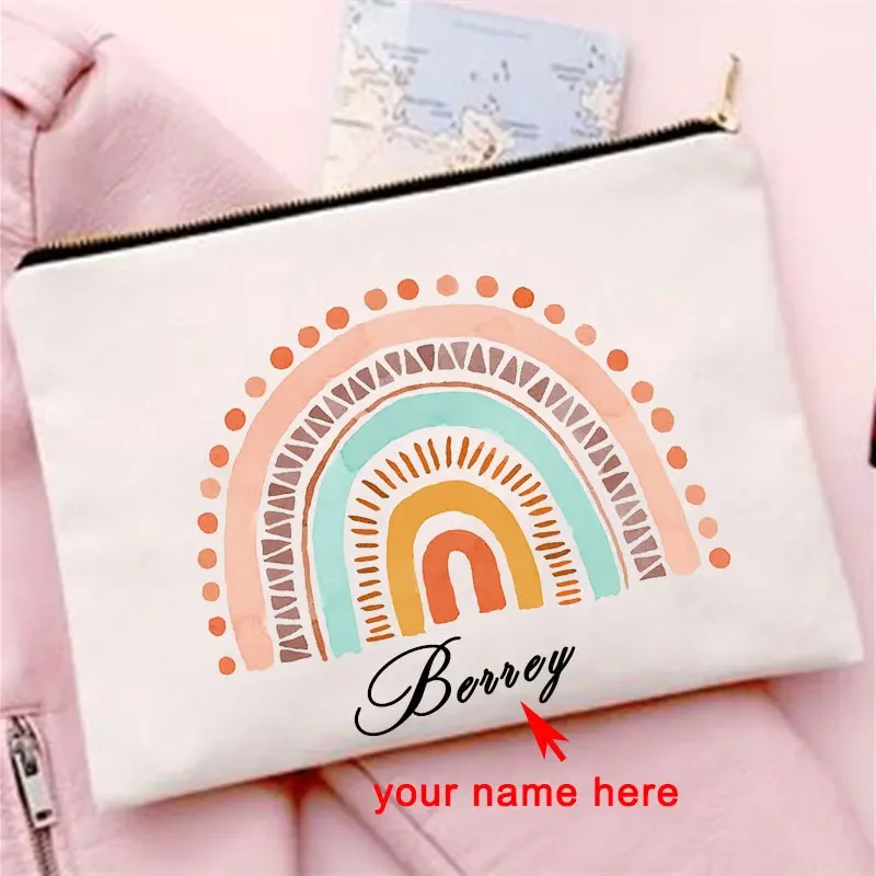 Cadeau Voor Haar Naam Maatwerk Regenboog Print Cosmetische Tas Clutch Toiletartikelen Organizer Reizen Vrouwen Make-Up Hoesjes