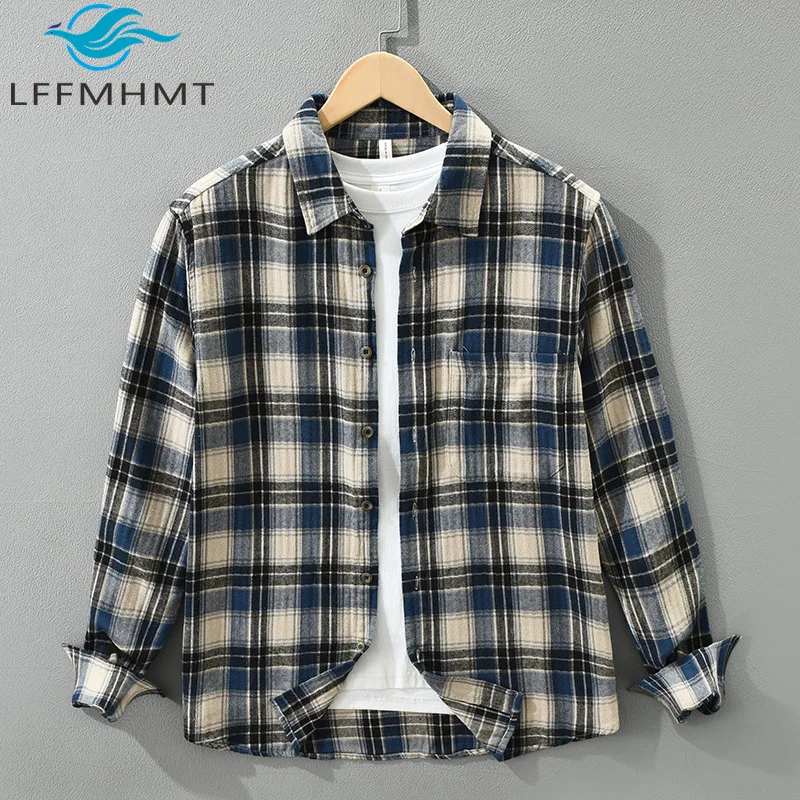

7796 Винтажная клетчатая мужская рубашка в японском стиле, 100% хлопок, мягкая удобная блузка с длинным рукавом, классические повседневные топы для отдыха, мужские