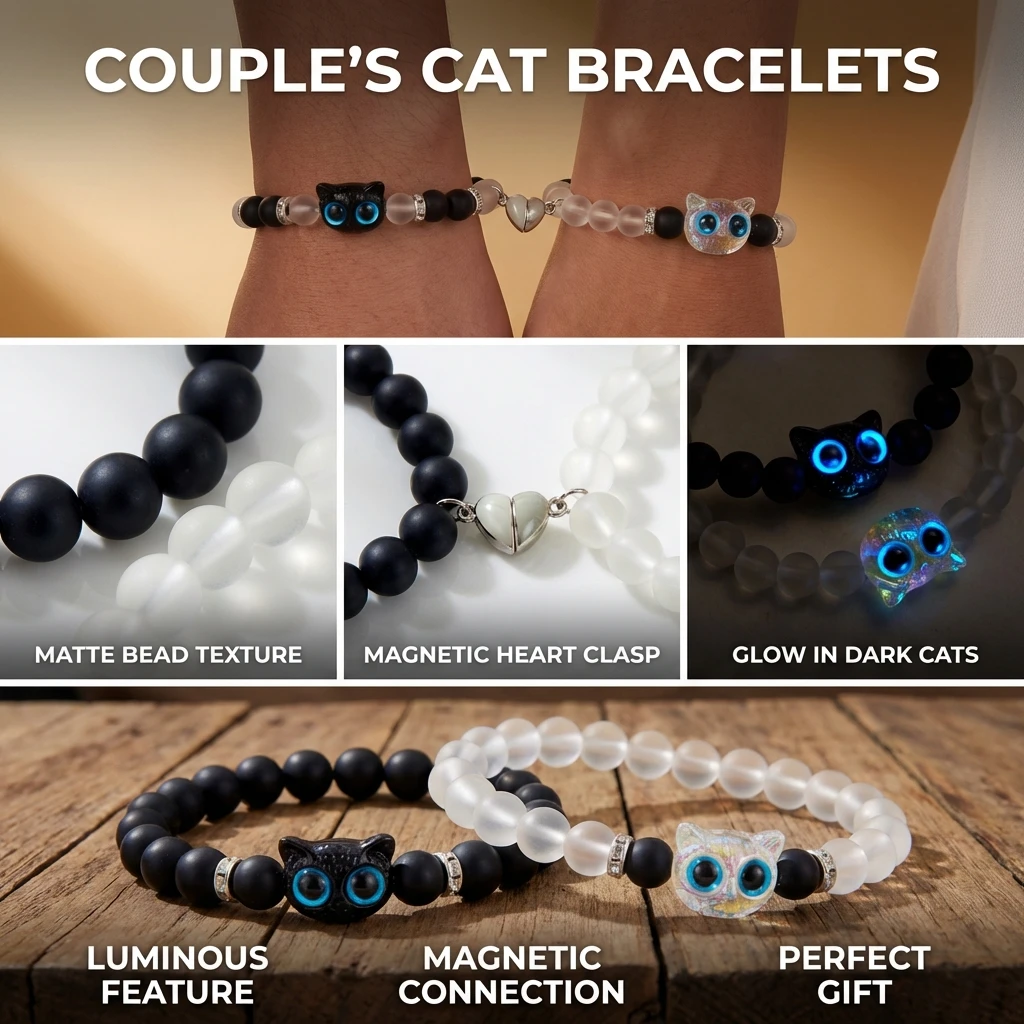 Leuchtende Katzen-Magnetarmbänder für Paare, im Dunkeln leuchtende, passende Perlen-Armreifen, süßes Valentinstag-Schmuckgeschenk – Detail 3