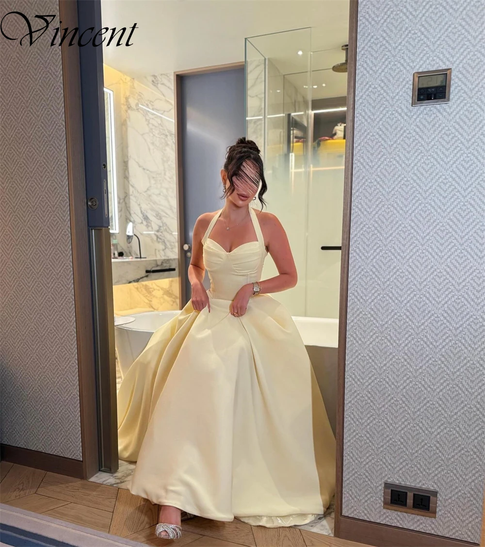 Желтые атласные платья для выпускного вечера в Саудовской Аравии по индивидуальному заказу для женщин, простое вечернее платье с лямкой на шее, классические вечерние платья трапециевидной формы без рукавов