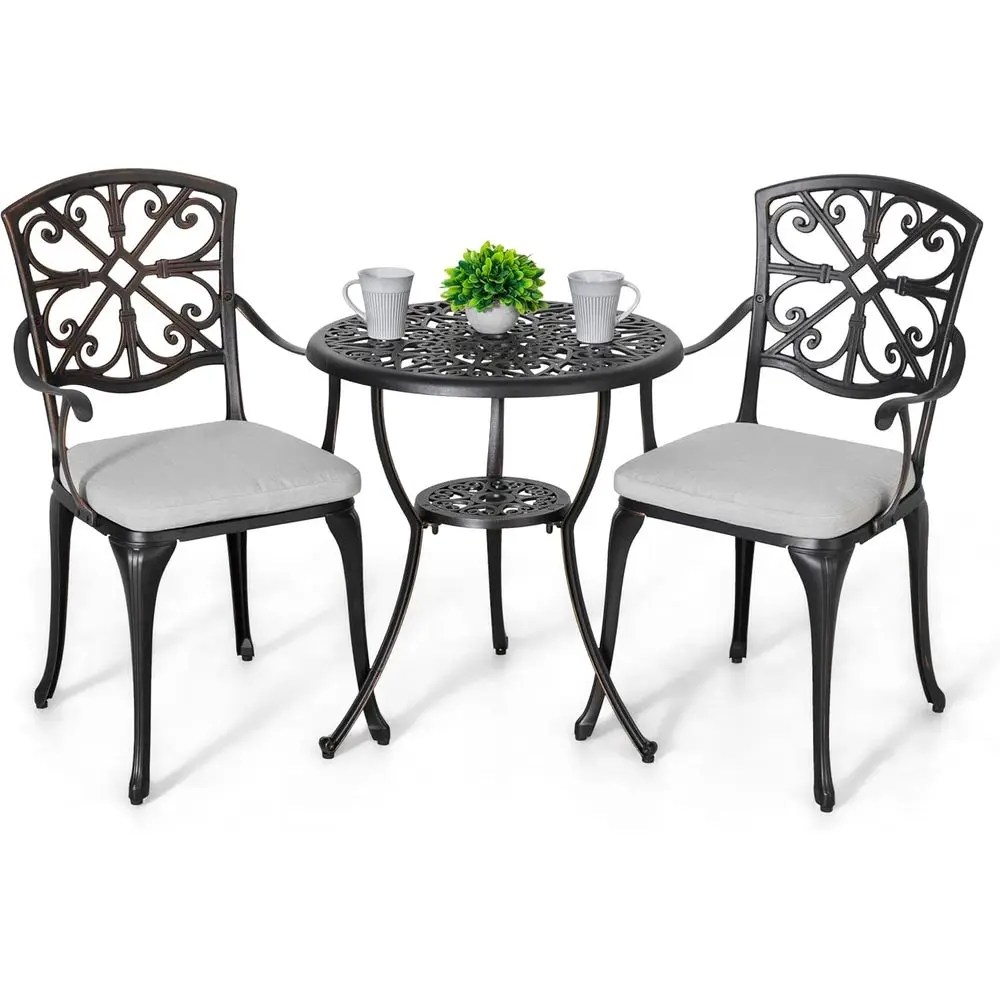 

3-Piece Outdoor Cast Aluminum Patio Bistro Set with Umbrella Hole, Grey Cushions for Backyard, Balcony, Lawn