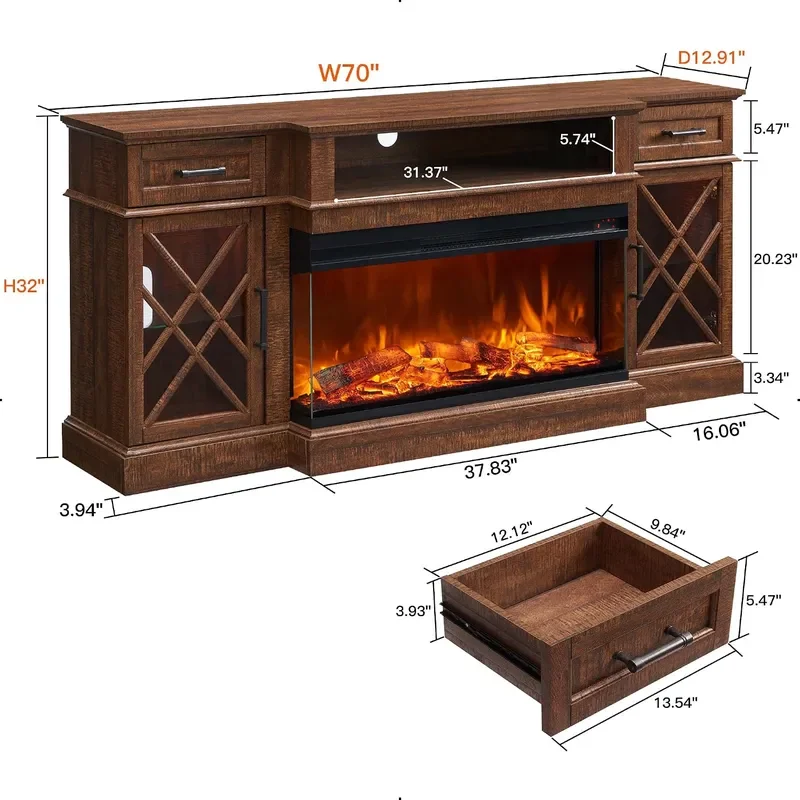 3-Sided Glass Farmhouse Fireplace TV Stand for TVs up to 80 Highboy Entertainment Center with Glass Door Storage Cabinet