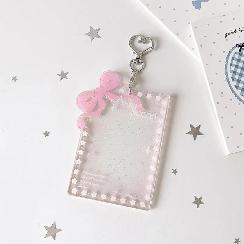 Cute Bow Heart Glitter Photocard Holder Clear Acrylic Keychain 1Pcs Waterproof for Kpop Fans Daily Commute Use view 5
