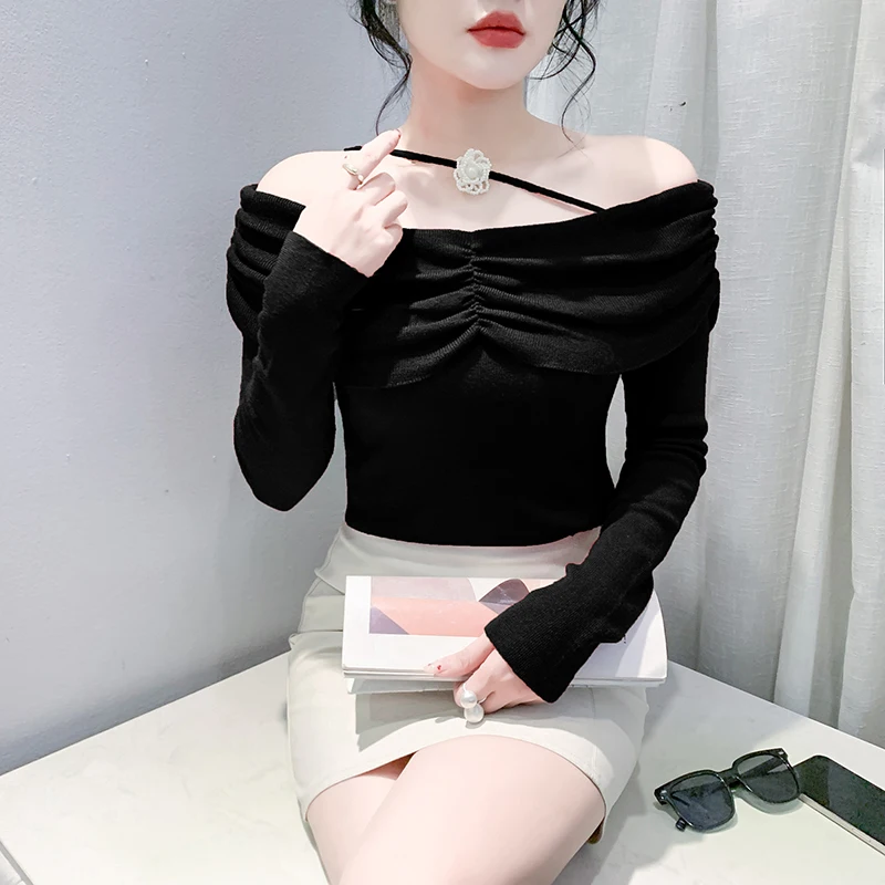 MadBlack, European Clothes T-Shirt, Sexy Women Slash Neck Off Shoulder Top, Fashion Long Sleeve Slim Tee, Autumn Winter T49945CC