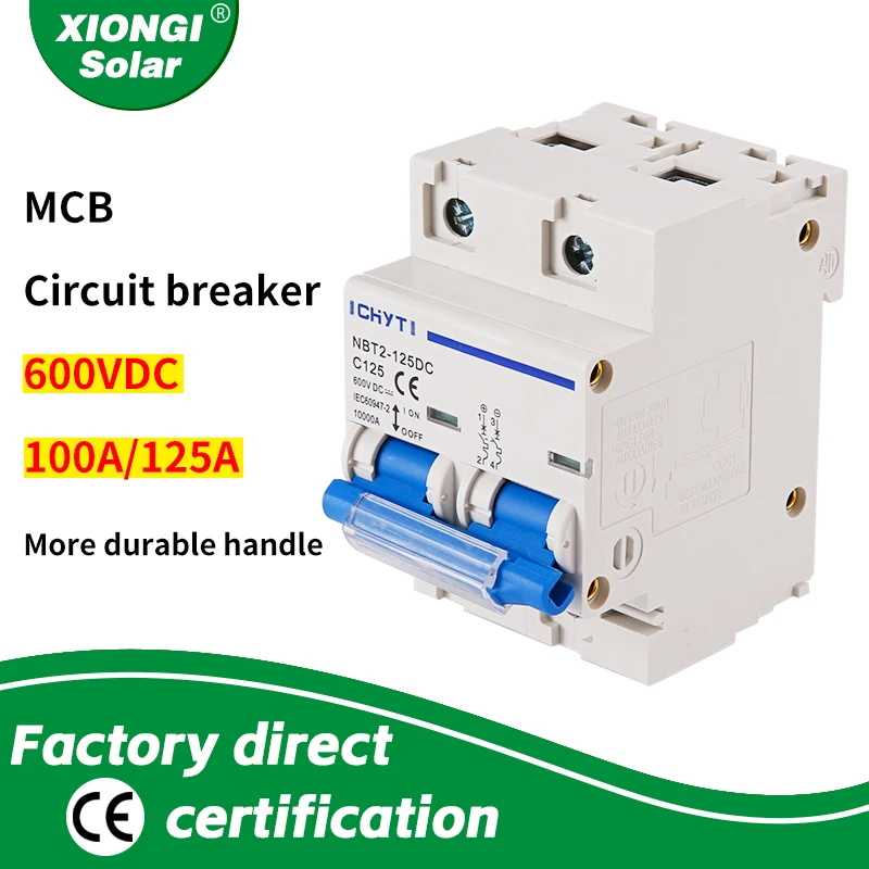 XIONGISOLAR NBT2-125DC 2P PV Din Rail DC 600V 80A 100A/125A 10kA C Curve Solar Switch Mini Circuit Breaker MCB