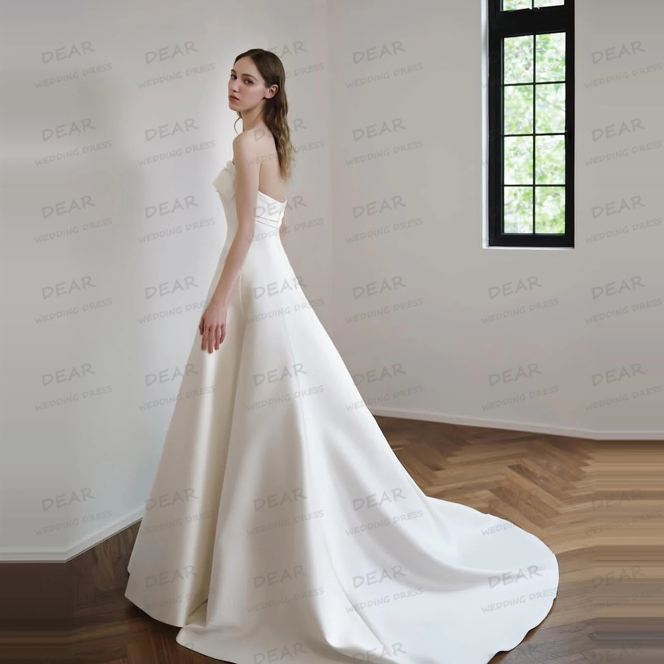 Robes De mariée en Satin plissé Simple pour femmes, ligne A, Sexy, sans bretelles, sans manches, avec traîne De balayage, personnalisées