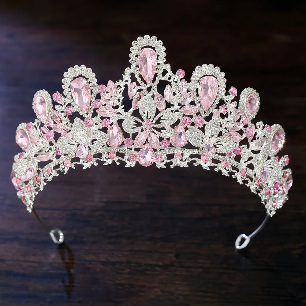 

Luxury Water Drop Pink Crystal Bridal Tiara Crown Silver Color Rhinestone Diadem Veil Tiaras Wedding Hair Accessories Headpieces