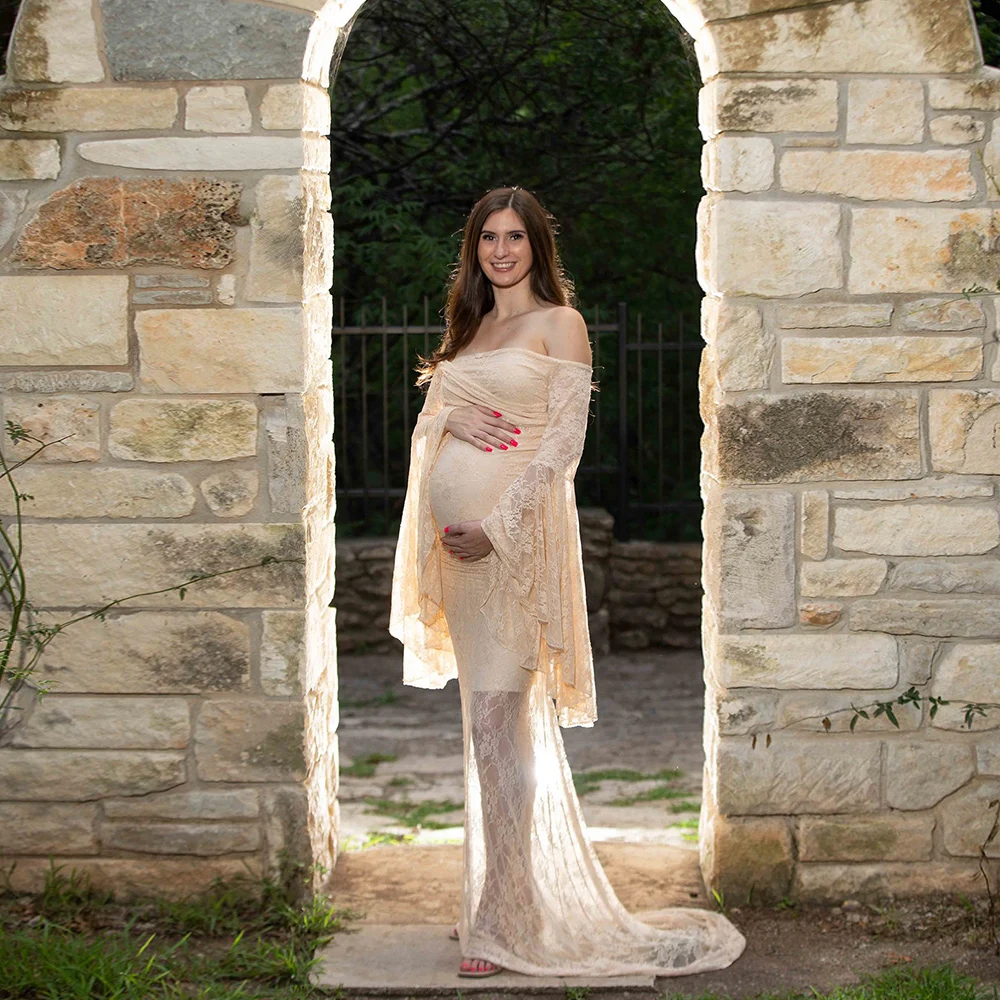 Maternity Photoshoot Outfit Lace Bell Sleeves Off Shoulder Gown Pregnant Women Dresses For Photography Baby Shower