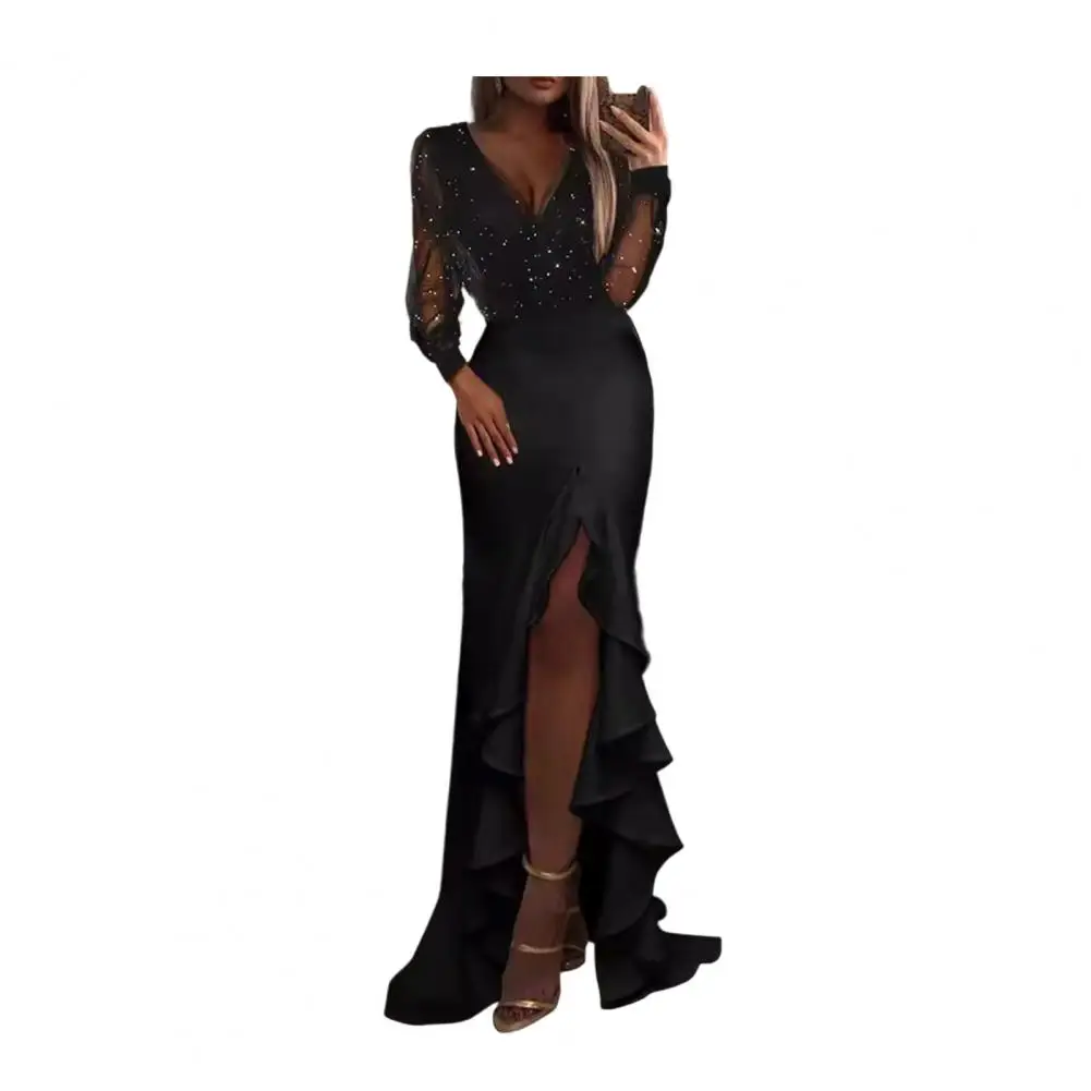 Slim Fit Hip-wrap Dress Sexy Slim Fit Dress Elegant Sequin Bodycon Maxi Dress with Mesh Detailing Glitter Sheer Long for Women