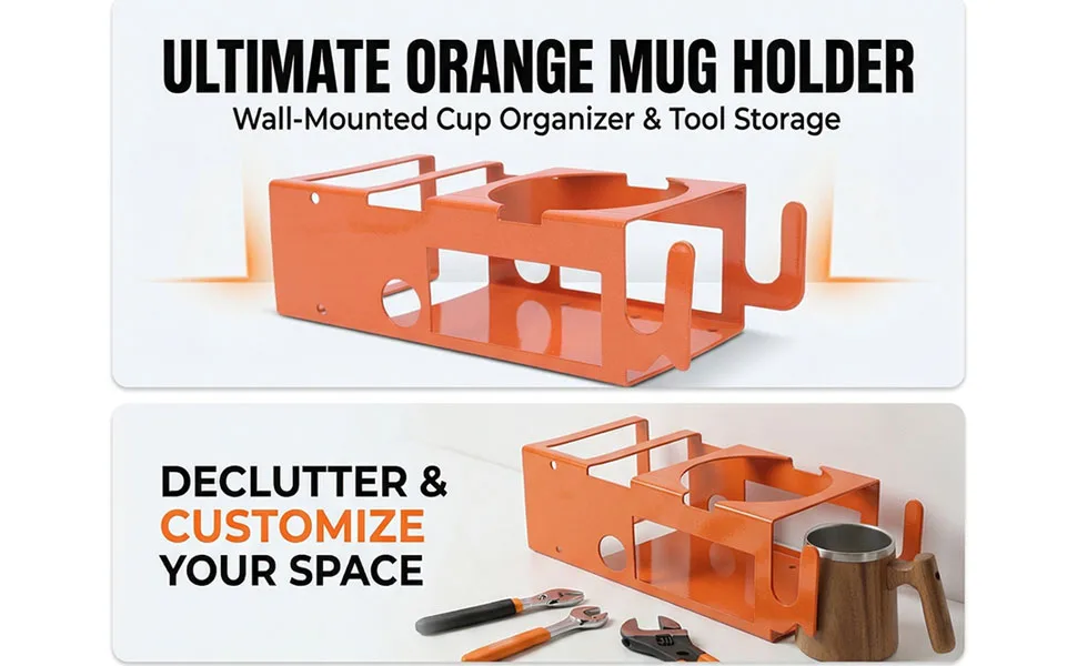 Orange Mug Drink Holder Wall Mounted Mug Cup Holder Multifunctional Woodworking Tool Organizer for Garage Workshop Construction