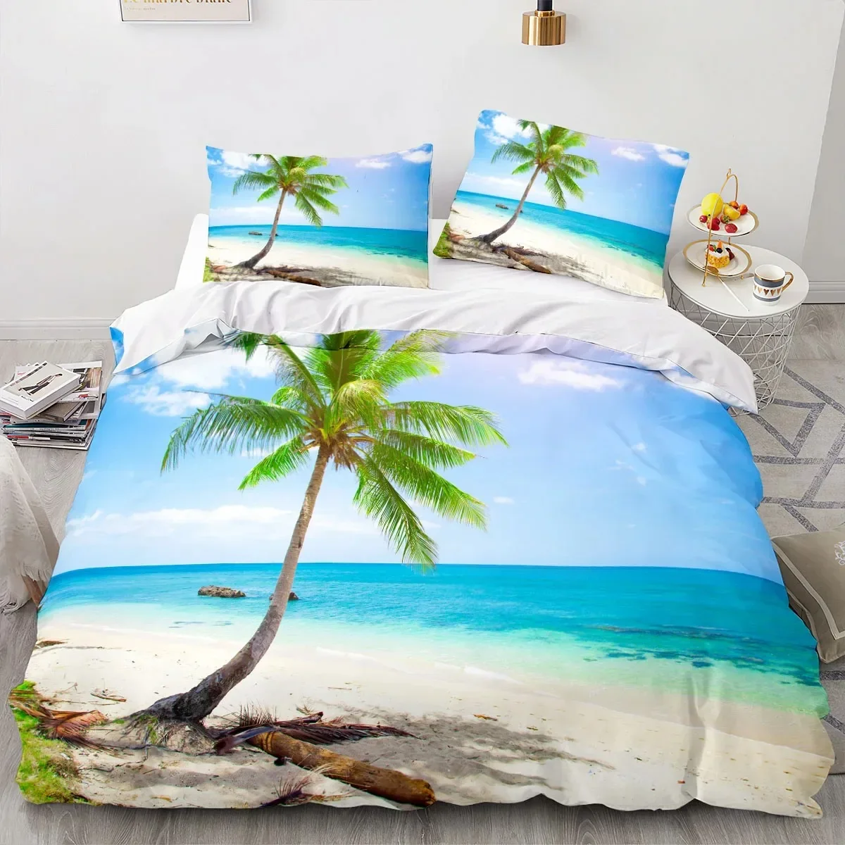 

3D Printed Sea View Coconut Bedding Set Double Twin King Duvet Cover Comforter Pillowcase Boys Girls Adults Bedroom