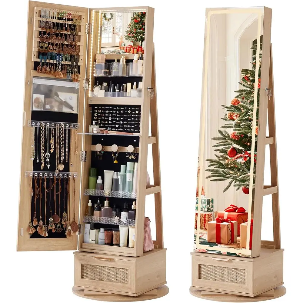 

360° Swivel Jewelry Armoire with Full-Length Mirror, Lockable Organizers, Drawer Storage, LED Lights & Rear Shelves