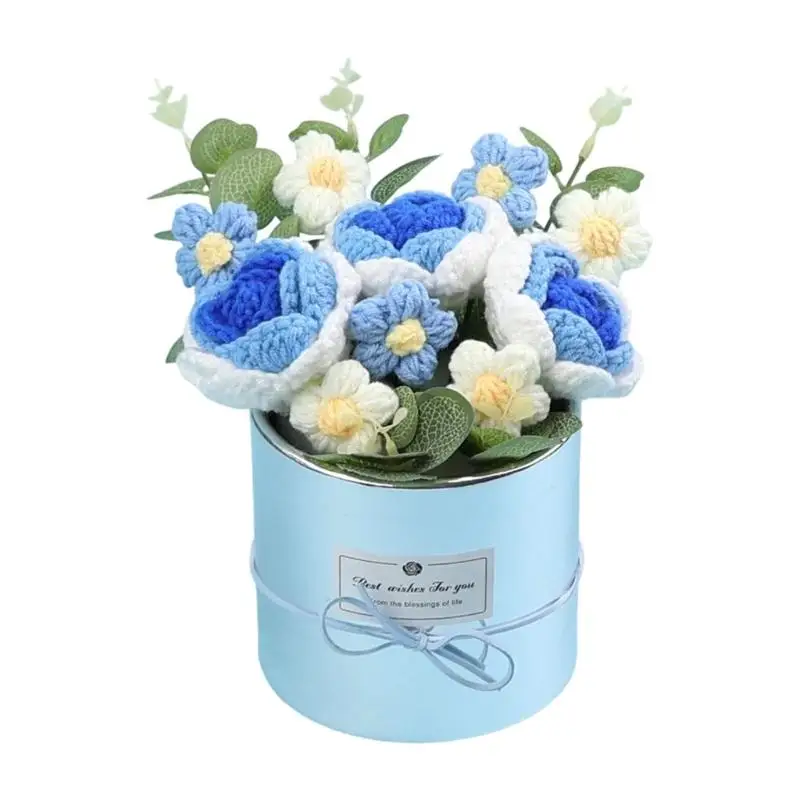

G6KF Crochet Woolen Rose Bouquets Handwoven Flower In Pot For Housewarming Gift And Living Room Bedroom Home Decoration