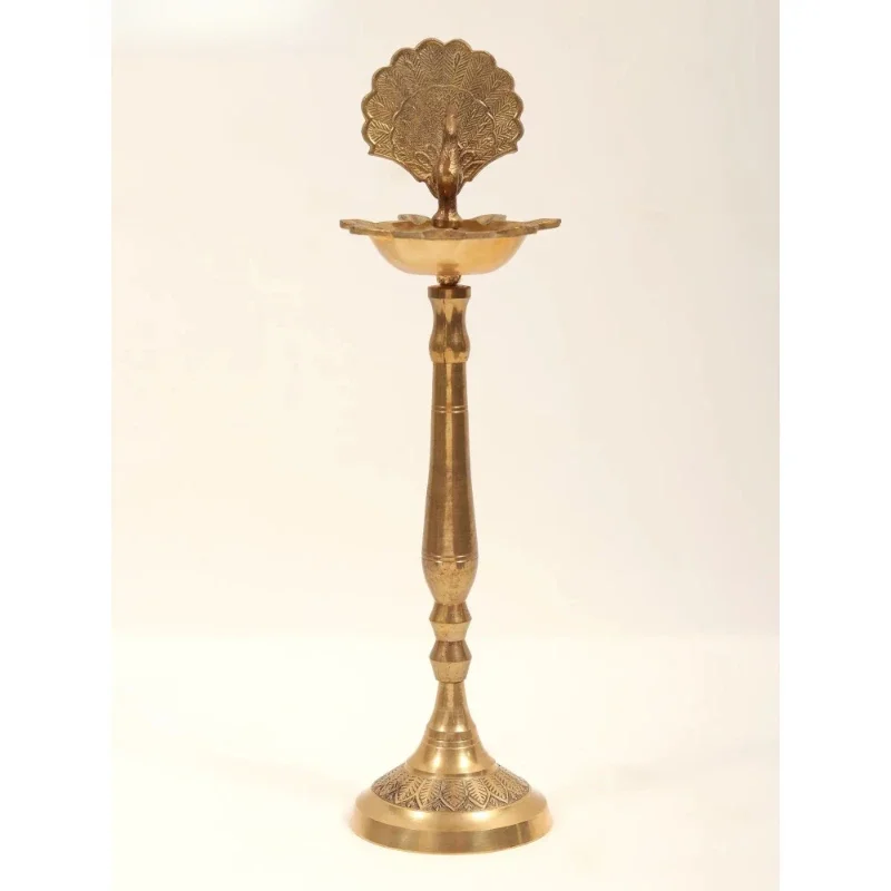 20-Inch Peacock Design Brass Oil Lamp with Seven Wicks