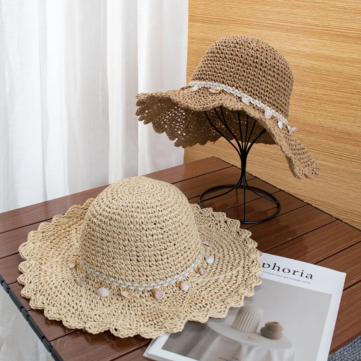 Mädchen-Eimerhut im neuen Modestil, mehrfarbig, faltbar, Sonnenhut, Häkelhut für Strand, Reisen und Urlaub, handgefertigter Strohhut CJCYMZ057