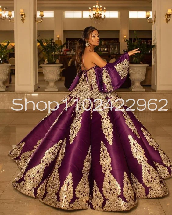 Grape Purple Puffy Skirt Prom Occasion Dresses Off Shoulder Flare Sleeve Luxury Applique Albanian Caftan Evening Gown